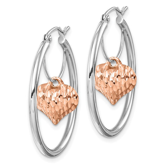 14K Rose & White Gold Diamond-cut Heart Dangle Hoop Earrings