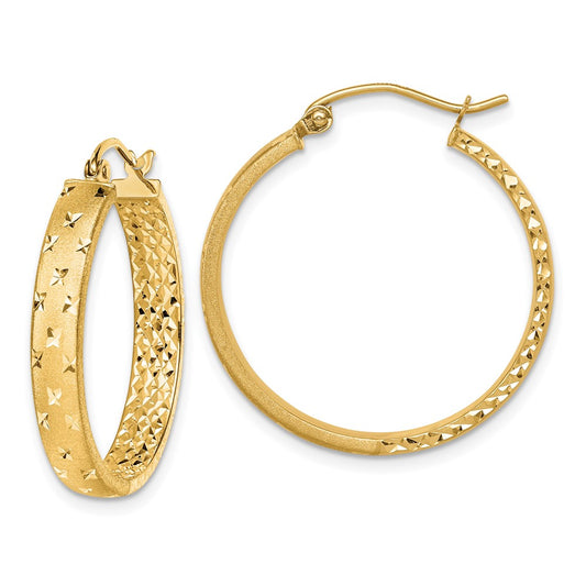 14K Yellow Gold Satin and Polished Diamond-cut In Out Hoop Earrings