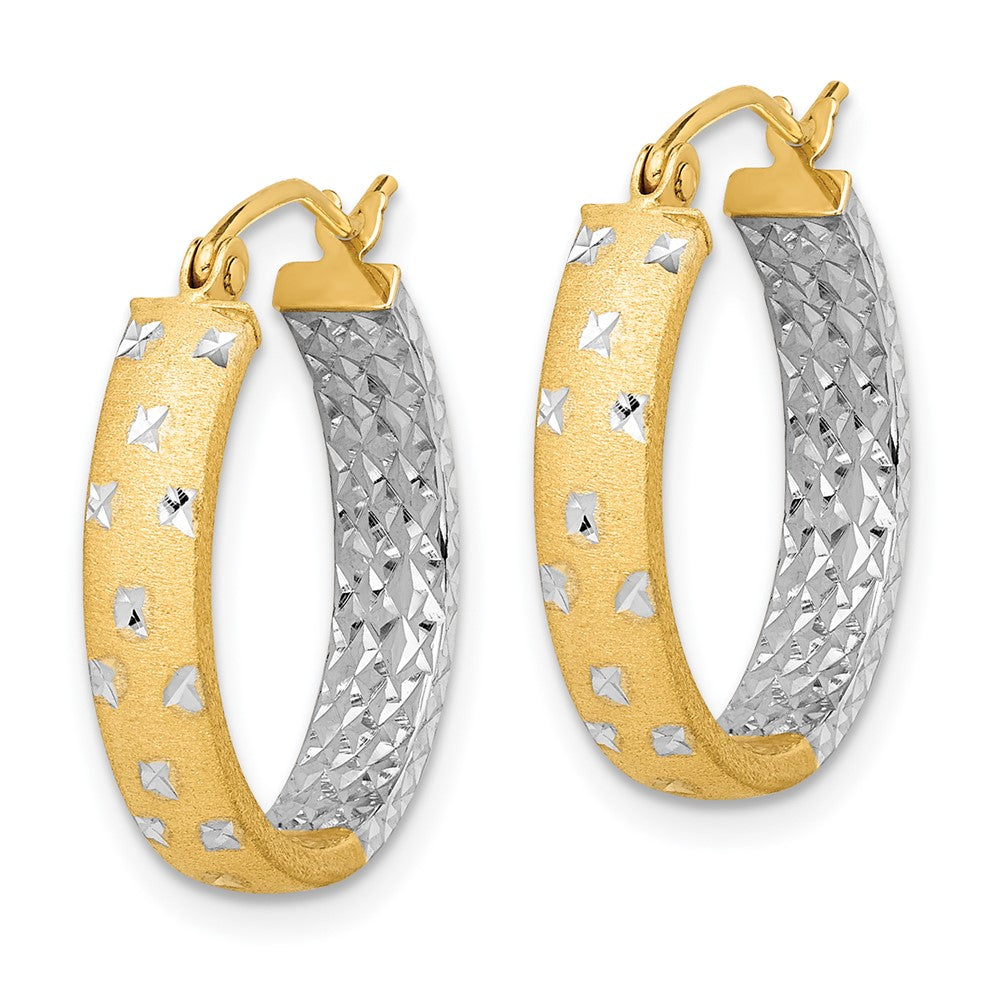 14K Two-Tone Gold Satin Polished Diamond-cut In Out Hoop Earrings