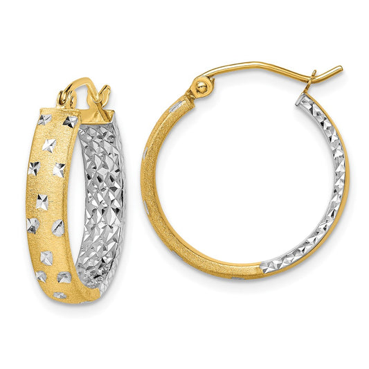 14K Two-Tone Gold Satin Polished Diamond-cut In Out Hoop Earrings