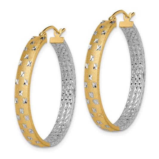 14K Two-Tone Gold Polished Satin Diamond-cut In Out Hoop Earrings