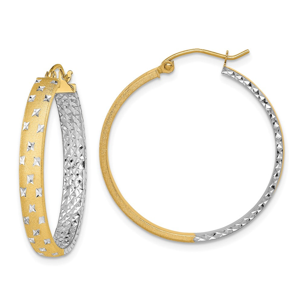 14K Two-Tone Gold Polished Satin Diamond-cut In Out Hoop Earrings