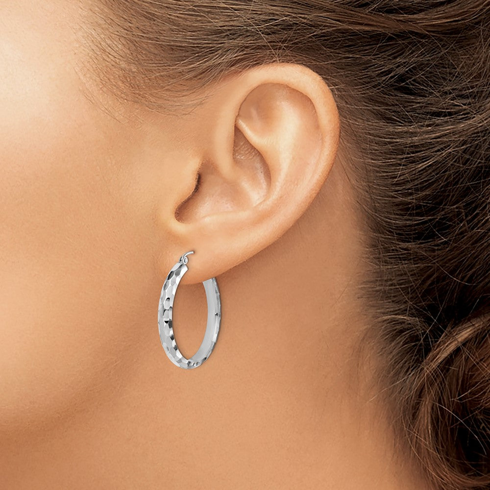 14K White Gold Diamond-cut Hoop Earrings