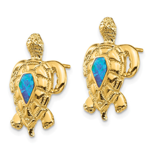 14K Yellow Gold Created Opal Turtle Post Earrings
