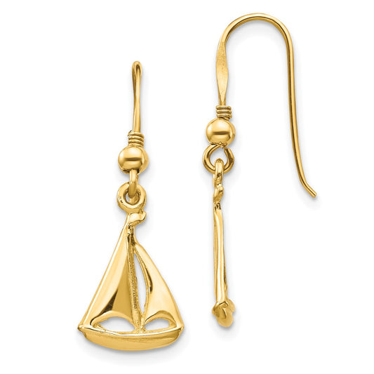 14K Yellow Gold Sailboat Shepherd Hook Earrings