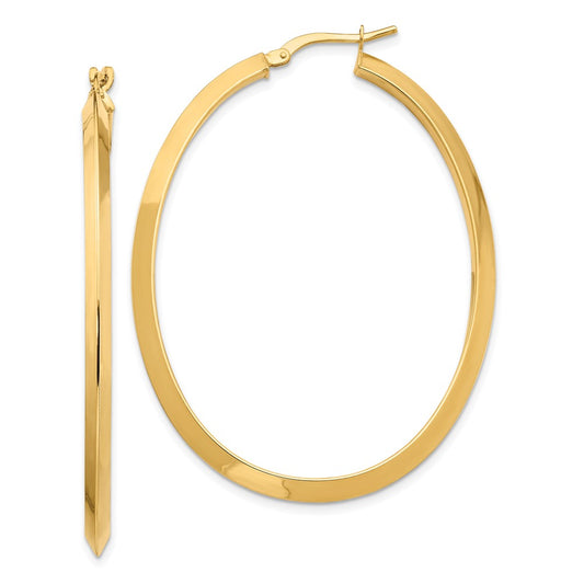 14K Yellow Gold Large 3mm Knife Edge Oval Hoop Earrings