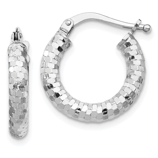 14K White Gold 3x10mm Diamond-cut Hoop Earrings