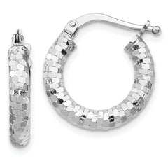 14K White Gold 3x10mm Diamond-cut Hoop Earrings