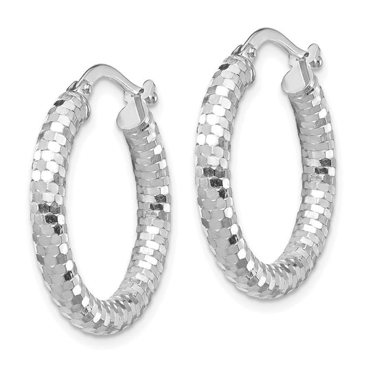 14K White Gold 3x22mm Diamond-cut Hoop Earrings