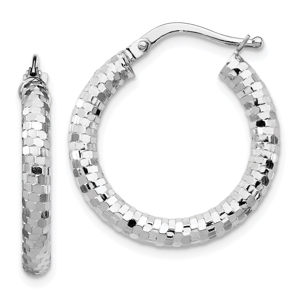 14K White Gold 3x22mm Diamond-cut Hoop Earrings