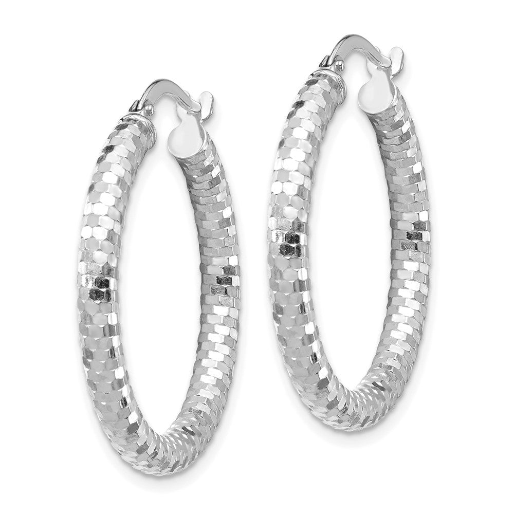 14K White Gold 3x27mm Diamond-cut Hoop Earrings