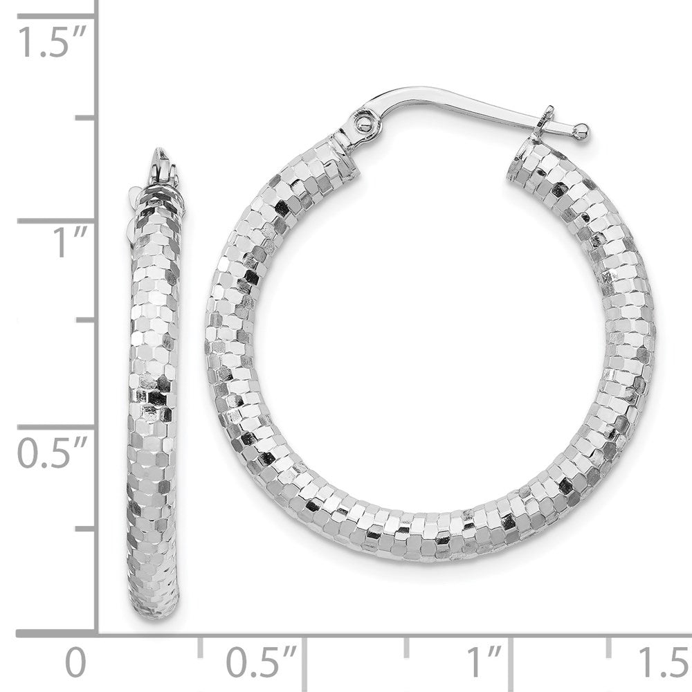 14K White Gold 3x27mm Diamond-cut Hoop Earrings