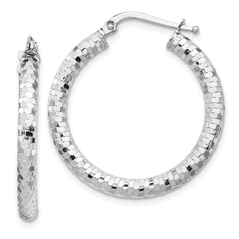 14K White Gold 3x27mm Diamond-cut Hoop Earrings