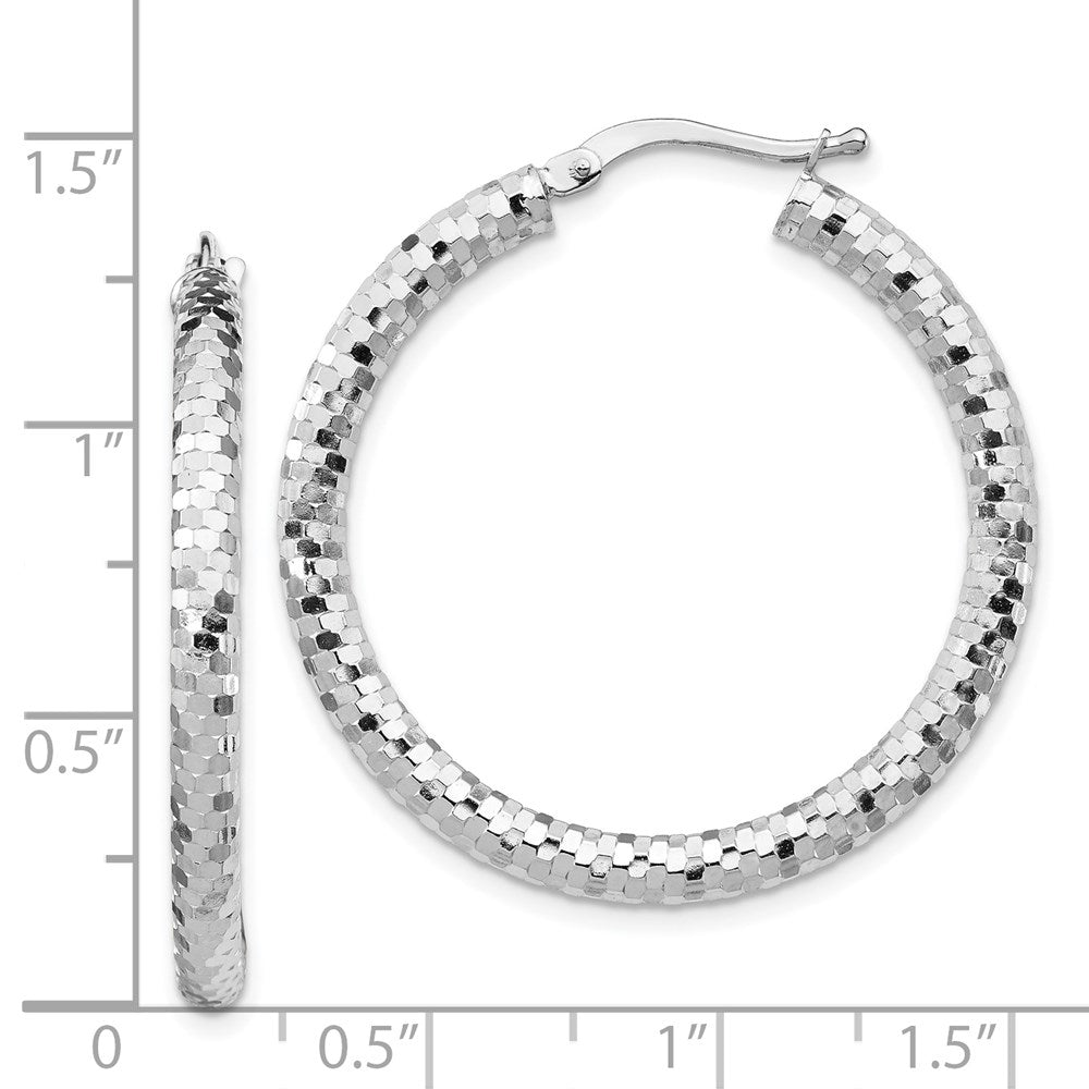 14K White Gold 3x32mm Diamond-cut Hoop Earrings