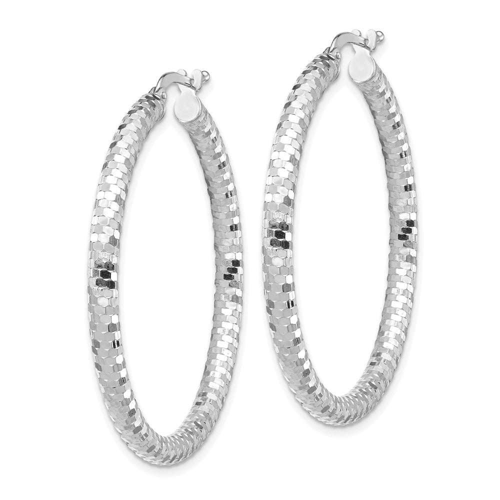 14K White Gold 3x38mm Diamond-cut Hoop Earrings