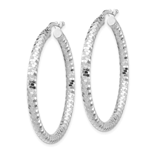 14K White Gold 3x38mm Diamond-cut Hoop Earrings