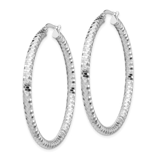 14K White Gold 3x35mm Diamond-cut Hoop Earrings