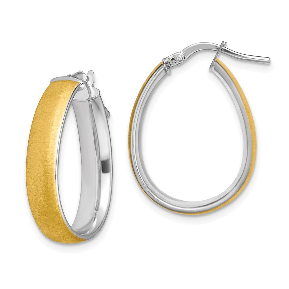 14K Two-Tone Gold 4.85x18.5mm Satin and Polished Teardrop Hoop Earrings