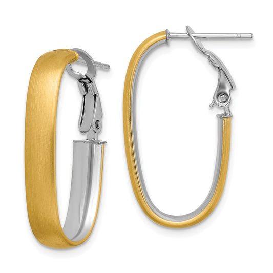 14K Two-Tone Gold Polished and Satin Oval Omega Back Hoop Earrings