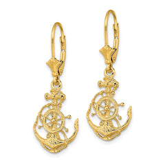 14K Yellow Gold 2D Anchor and Wheel Leverback Earrings