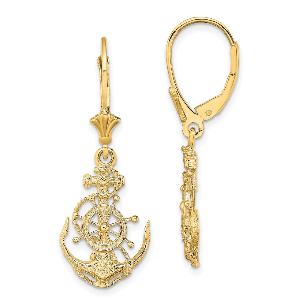 14K Yellow Gold 2D Anchor and Wheel Leverback Earrings