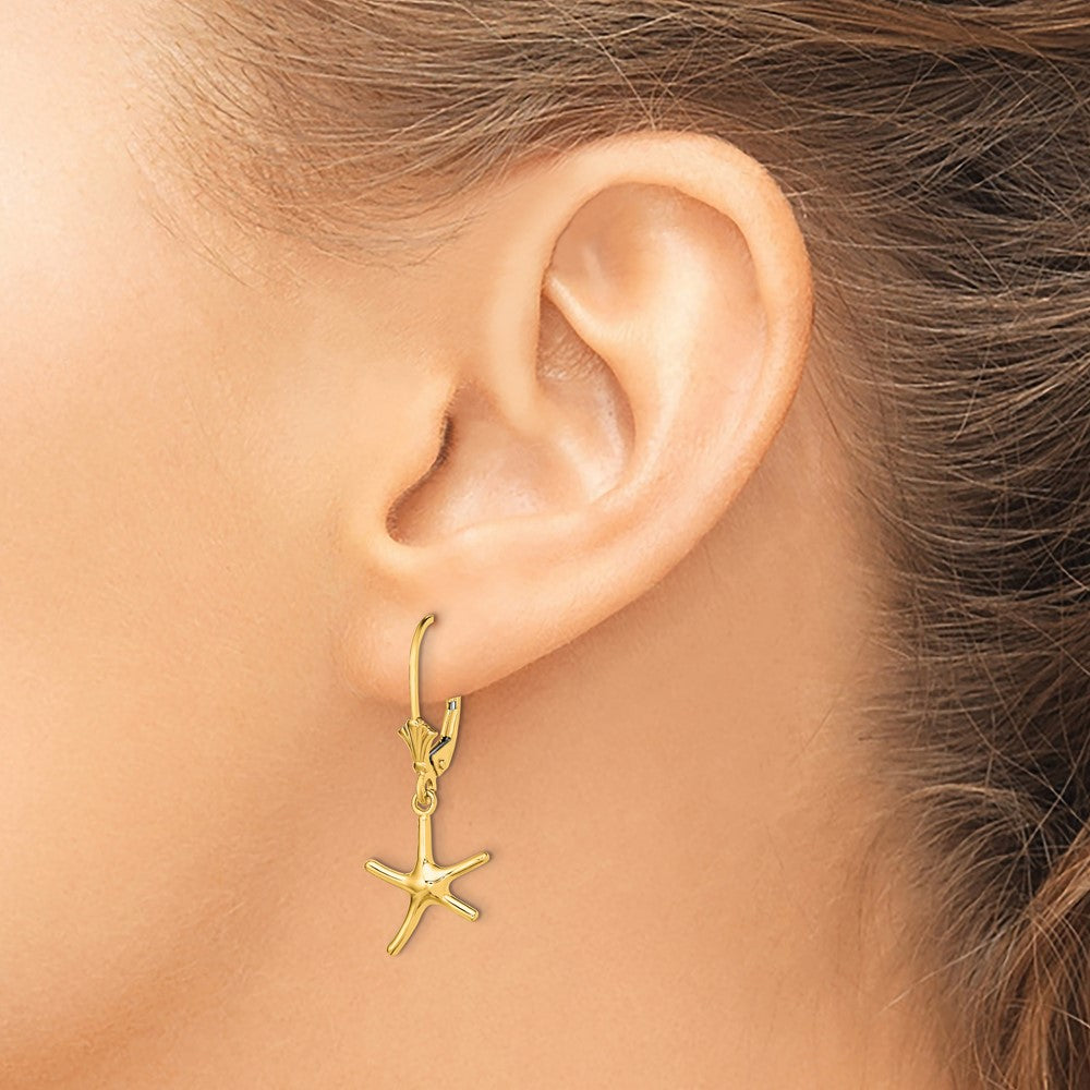 14K Yellow Gold Mini Dancing Starfish Leverback Earrings
