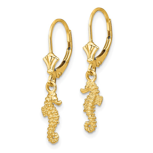 14K Yellow Gold Seahorse Leverback Earrings