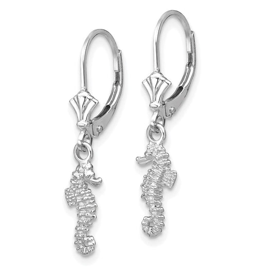 14K White Gold 3D Seahorse Leverback Earrings
