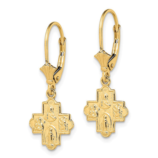 14K Yellow Gold Small 4-Way Medal Cross Leverback Earrings