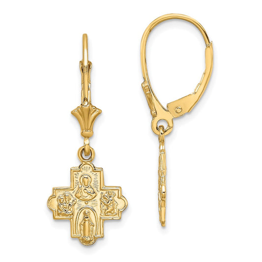 14K Yellow Gold Small 4-Way Medal Cross Leverback Earrings