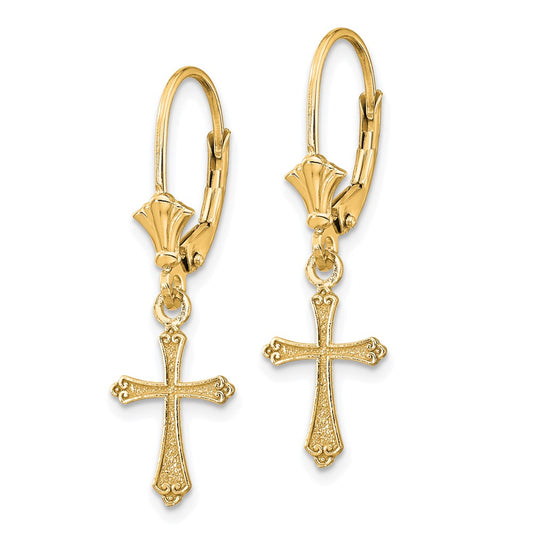 14K Yellow Gold Cross Leverback Earrings