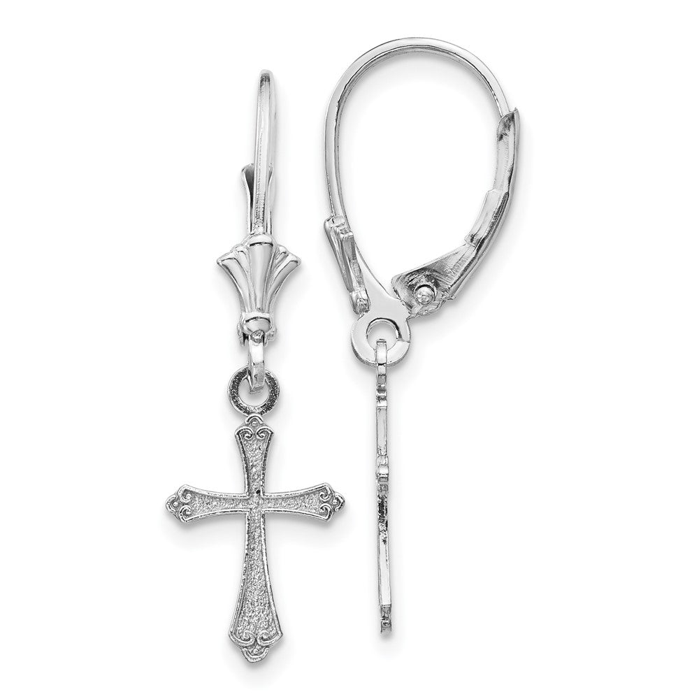 14K White Gold Cross Leverback Earrings