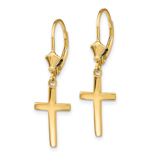 14K Yellow Gold Polished Cross Leverback Earrings