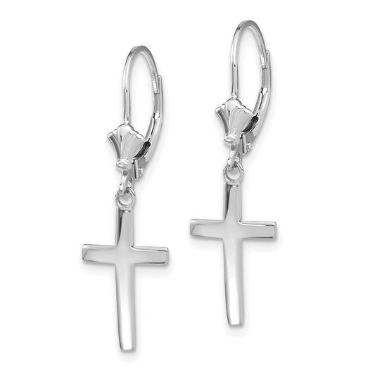 14K White Gold Polished Cross Leverback Earrings