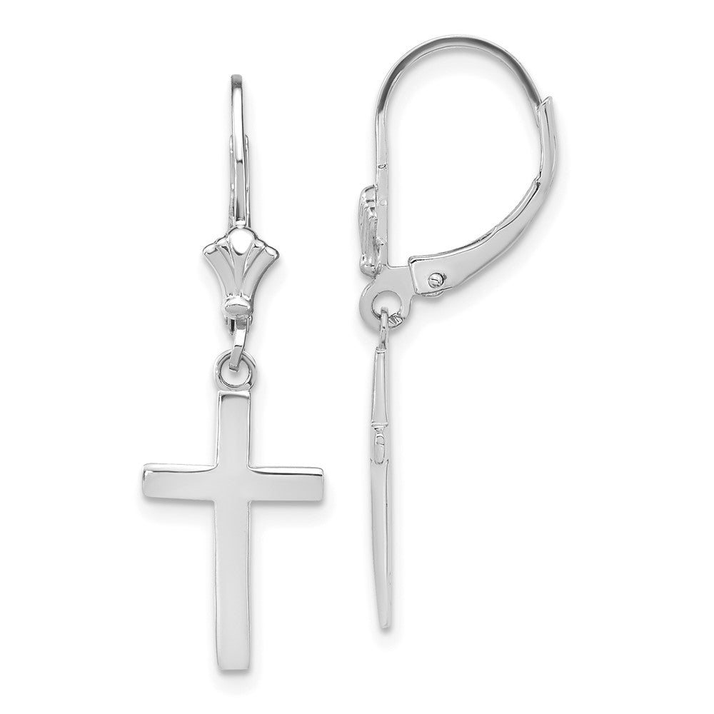 14K White Gold Polished Cross Leverback Earrings