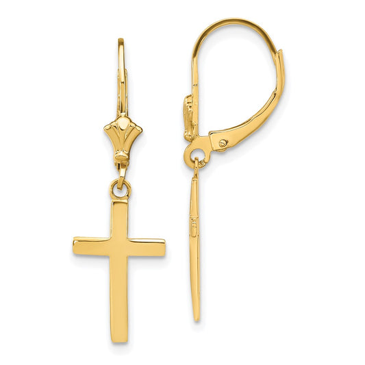 14K Yellow Gold Polished Cross Leverback Earrings