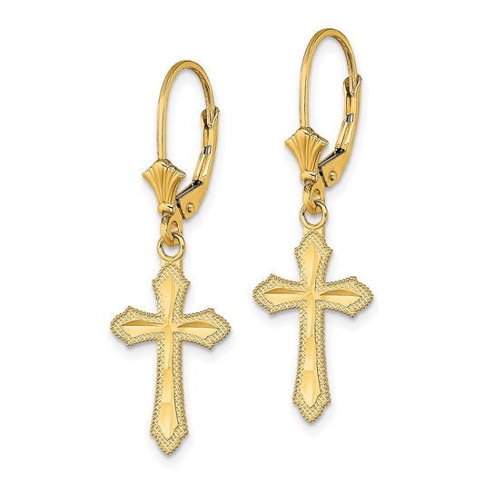 14K Yellow Gold Diamond-cut Cross with Beaded Edge Leverback Earrings