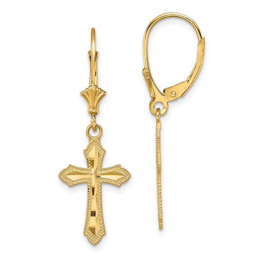 14K Yellow Gold Diamond-cut Cross with Beaded Edge Leverback Earrings