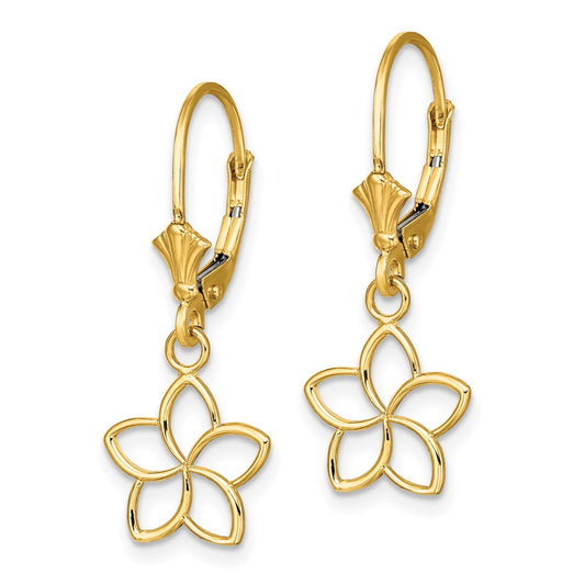 14K Yellow Gold Polished Cut-Out Flower Leverback Earrings