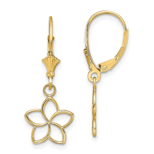 14K Yellow Gold Polished Cut-Out Flower Leverback Earrings