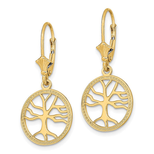 14K Yellow Gold Tree of Life In Round Frame Leverback Earrings