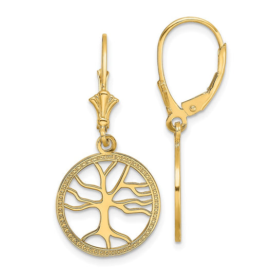 14K Yellow Gold Tree of Life In Round Frame Leverback Earrings