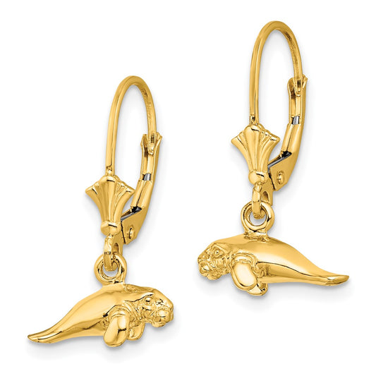 14K Yellow Gold 3D Polished Mini Manatee Leverback Earrings