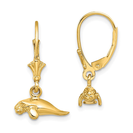 14K Yellow Gold 3D Polished Mini Manatee Leverback Earrings