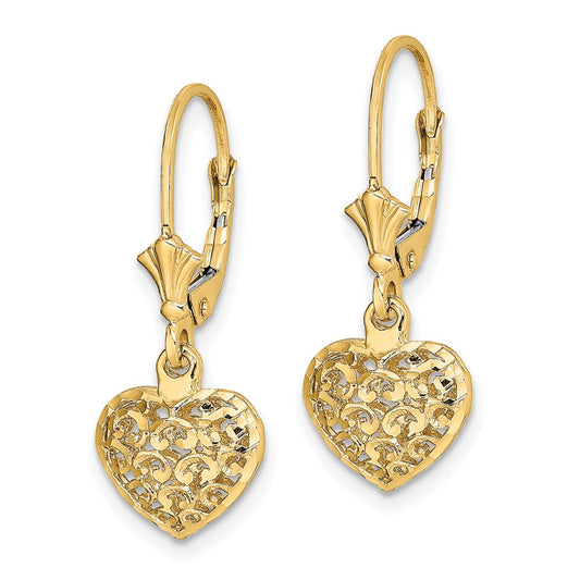 14K Yellow Gold Diamond-cut Mini Puffed Heart Leverback Earrings