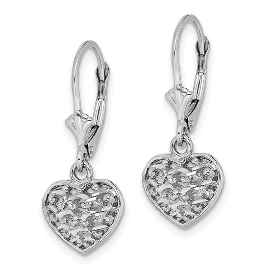 14K White Gold 3D Mini Diamond-cut Puffed Heart Leverback Earrings