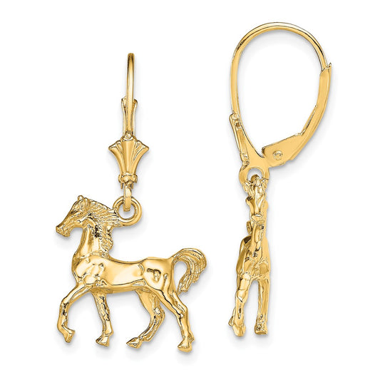 14K Yellow Gold 3D Polished Leverback Horse Earrings