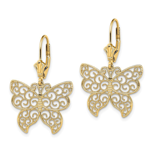 14K Yellow Gold Butterfly with Beaded Filigree Wings Leverback Earrings