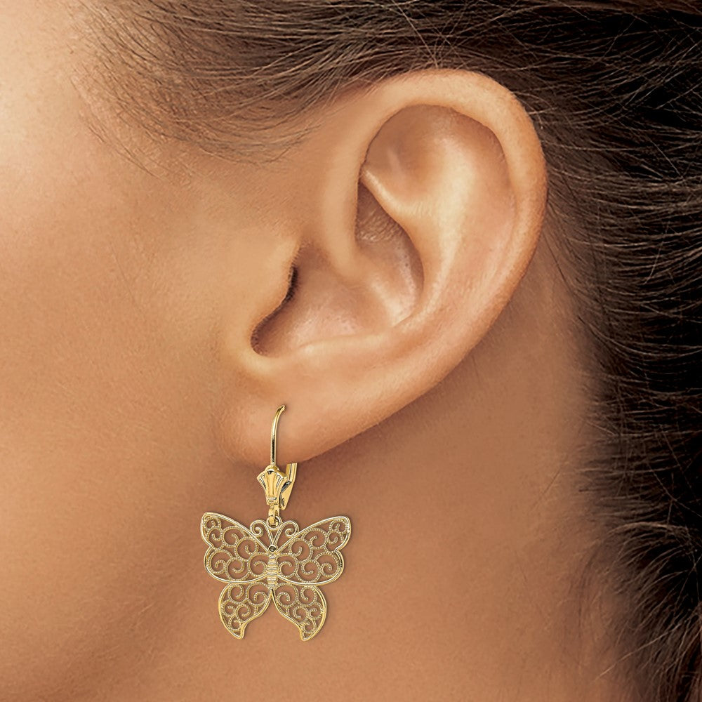 14K Yellow Gold Butterfly with Beaded Filigree Wings Leverback Earrings