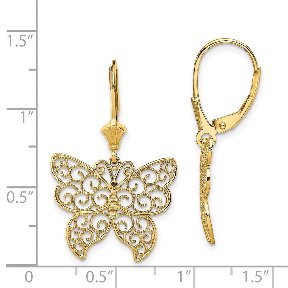 14K Yellow Gold Butterfly with Beaded Filigree Wings Leverback Earrings